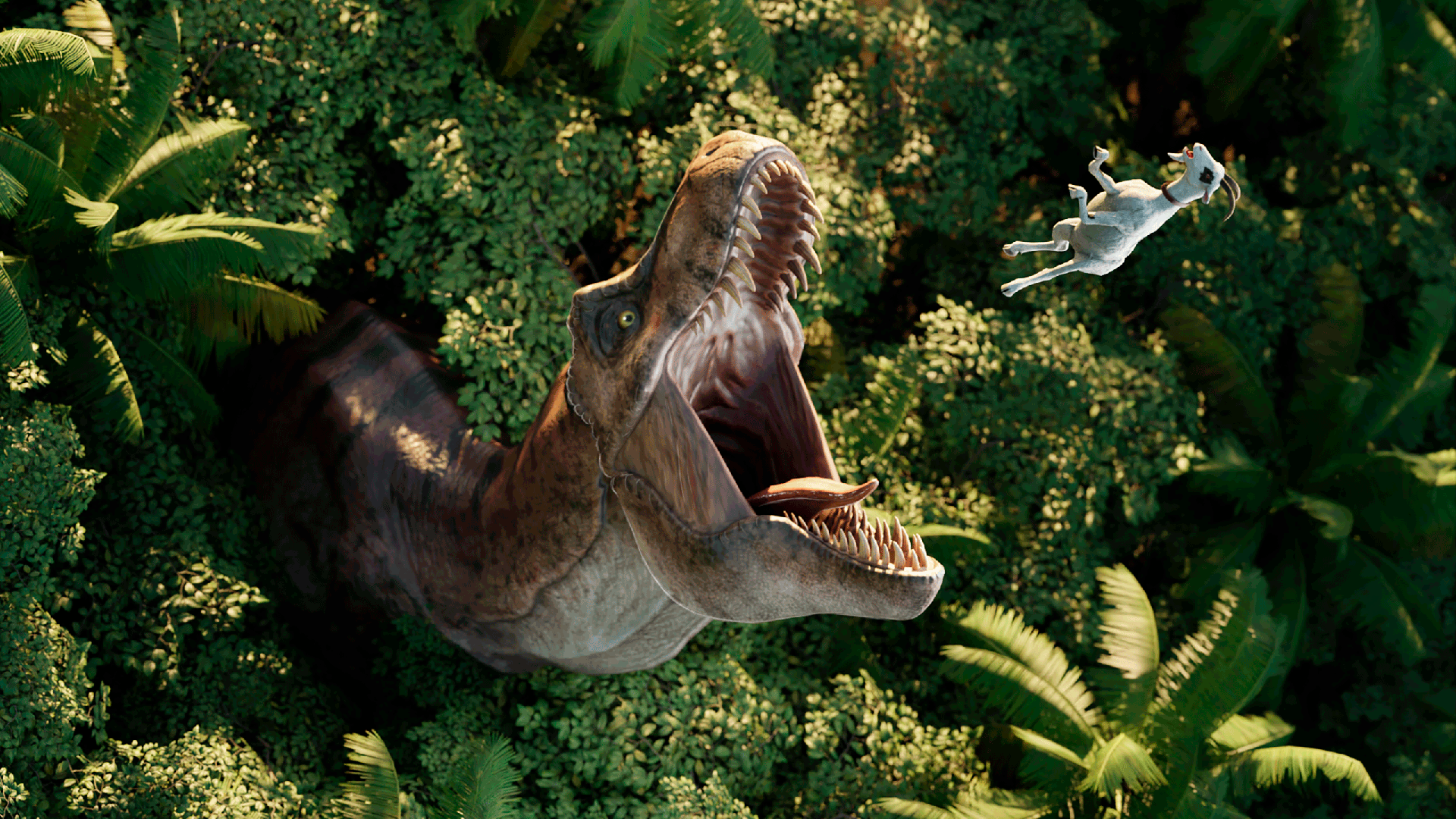 A dinosaur chasing a runner through a dense jungle